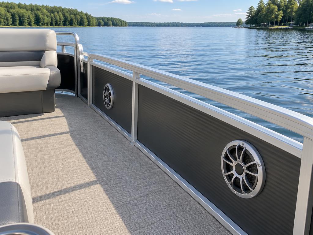 Marine speakers flush mounted in the side panel of a pontoon boat on an Iowa lake