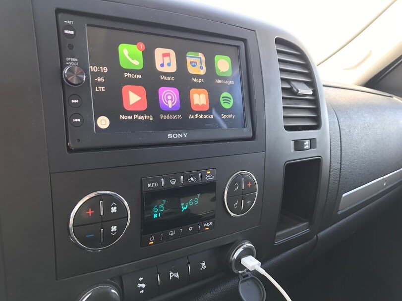 Sony touchscreen receiver with smartphone connection installed in a truck dash