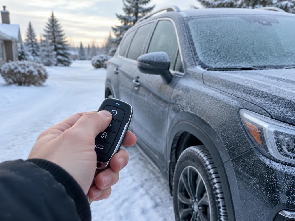 Remote car starter key fob used on a winter morning in Iowa
