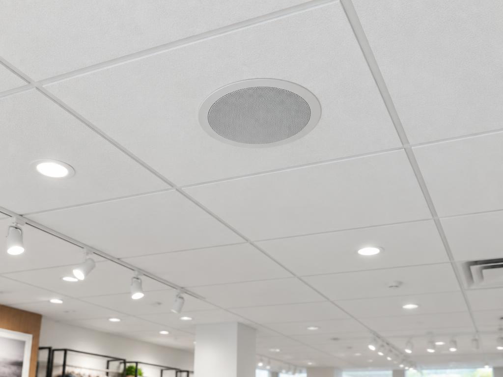 Commercial ceiling speaker installed in a retail store ceiling grid