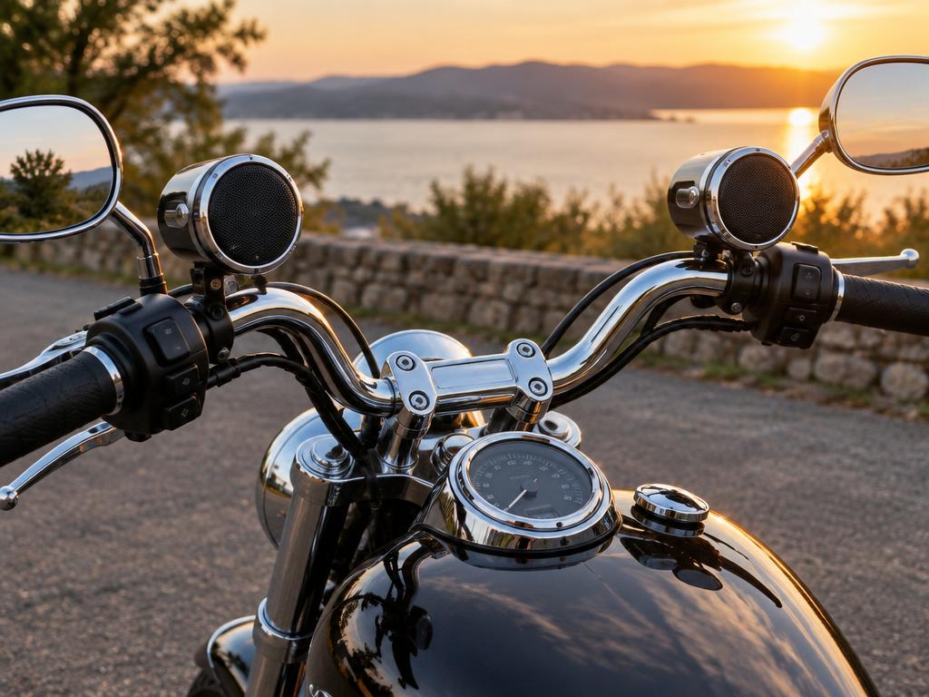 Motorcycle handlebar audio speakers mounted on chrome bars
