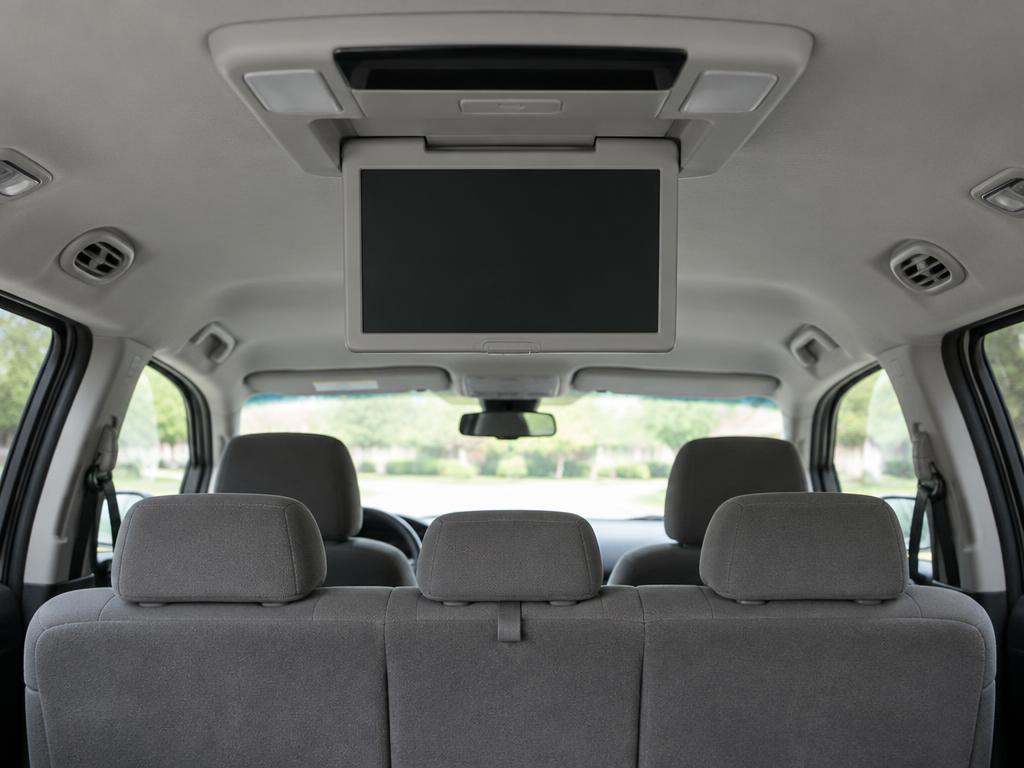 Overhead flip down monitor installed in the ceiling of a family van