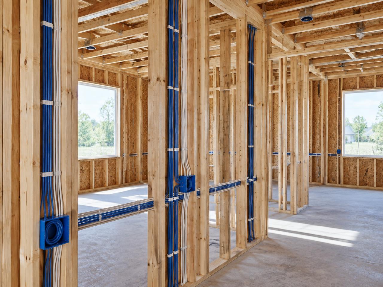 New home under construction with open stud framing and neatly bundled low voltage wiring runs