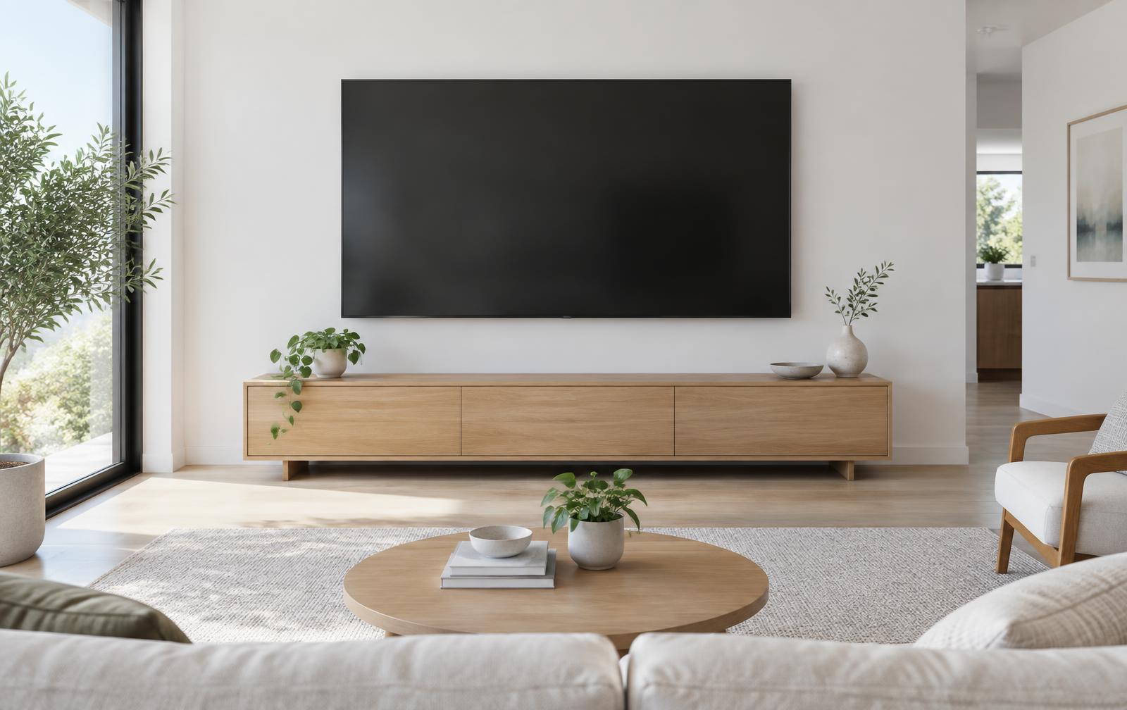 Wall mounted flat screen television in a bright modern living room