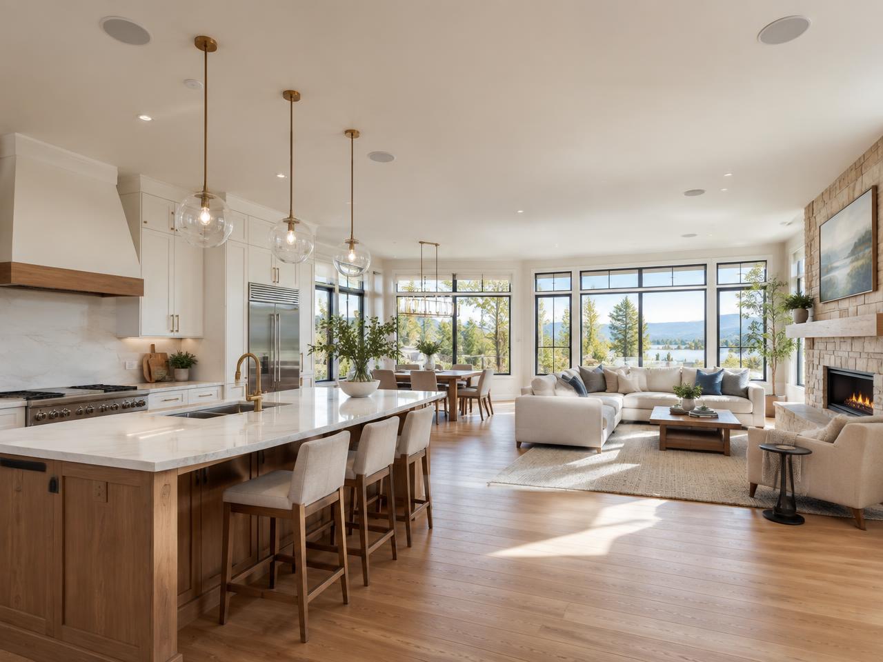 Flush mounted in-ceiling speakers in a bright open plan kitchen and great room